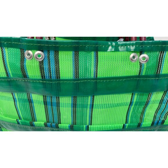 Mexican Small Hand Bag Tote Purse Green Plastic Striped 10”X 9” Boho - Picture 5 of 8